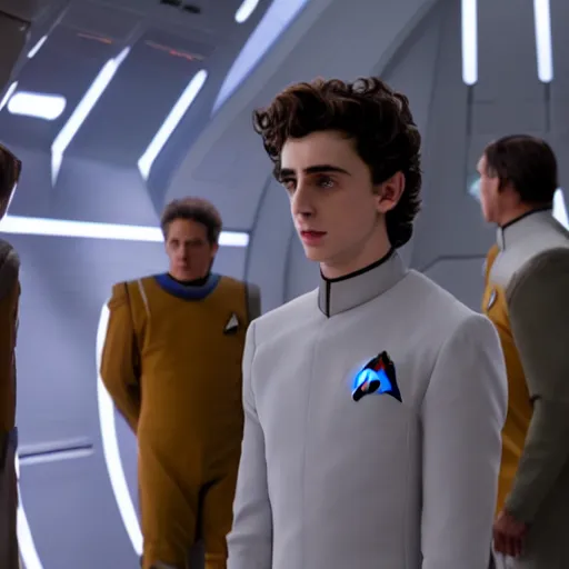 Prompt: Timothée Chalamet plays as captain in Star Trek Deep Space Nine, 35mm photography, highly detailed, cinematic lighting