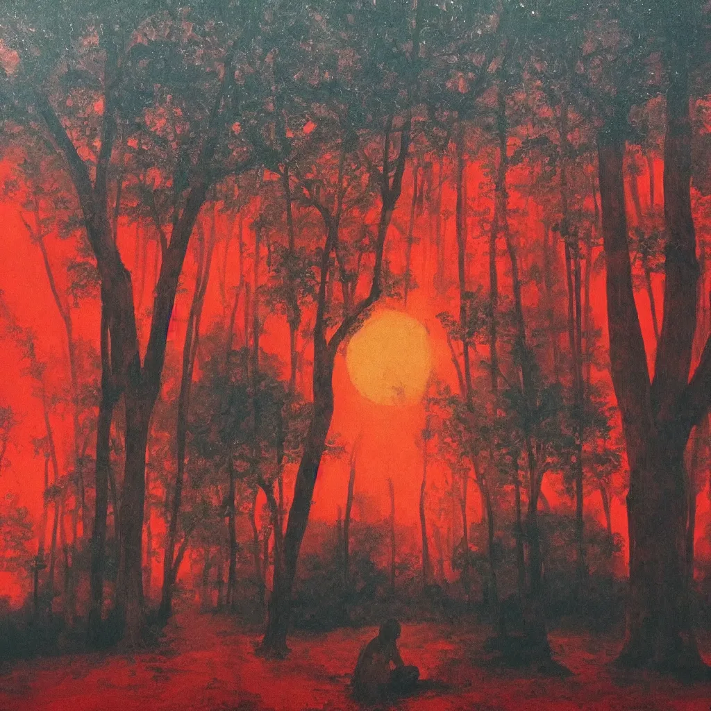 Image similar to semi real, and semi surreal. it's like a blend of a dream and a flawed memory. it's a forest under a red sun. a god sits under a tree, watching over a mystical body of water. the back of the canvas has a red glow from a fire set in the isle.