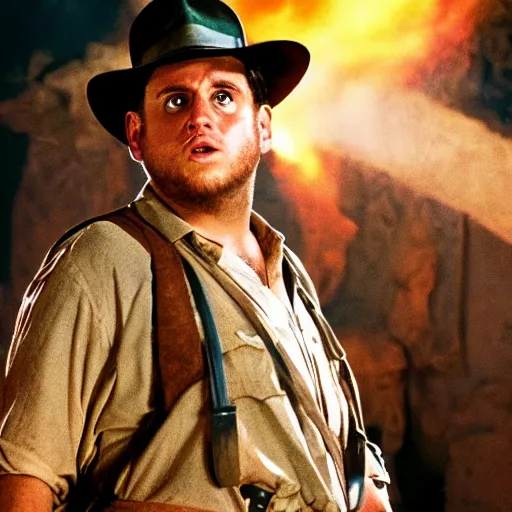 Image similar to Jonah Hill as indiana jones in raiders of the lost ark, 8k resolution, full HD, cinematic lighting, award winning, anatomically correct