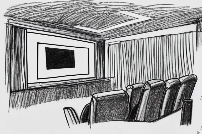Prompt: a modern home movie theater, sleek, comfortable, stylish decor, popcorn machine, movie posters, designed by kelly wearstler, detailed rough color pencil sketch illustration