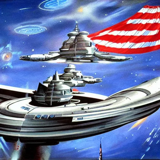 Image similar to U.S.S. Enterprise from Star Trek painted in the style of Robert McCall