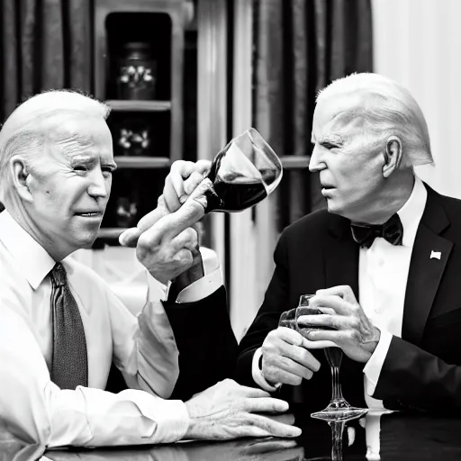 Prompt: a close up portrait of Donald Trump and Joe Biden drinking wine, there's a bottle of wine on the table, DSLR photography, studio photograph