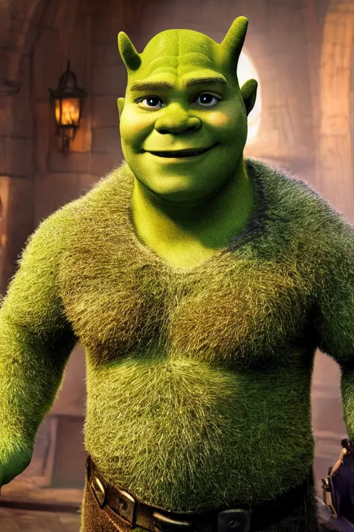Prompt: Chris Pratt as Shrek in live action adaptation, set photograph in costume, cosplay