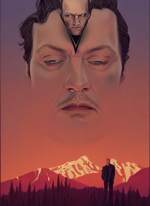 Prompt: Twin Peaks poster artwork by Michael Whelan and Tomer Hanuka, Rendering of portrait of Johnny Depp's nightmares from scene from Twin Peaks, full of details, by Makoto Shinkai and thomas kinkade, Matte painting, trending on artstation and unreal engine