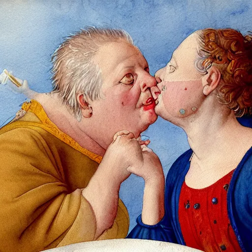 Image similar to of a very funny renaissance style watercolor painting of a sweet fat old woman kissing her reflection. symmetrical face, red mouth, blue eyes. a flowered dress. a hyper - realistic scene. 3 d, octane processing, deep focus, white scene. a very funny and sweet picture. unreal engine. watercolor. fellini cinematic style. poster quality. freud painting style.