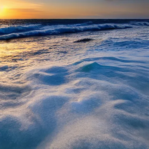 Prompt: captured image of a sun-dog ocean white sand, background of crashing surf (foam, rocks), tranquil, calming, nostalgic