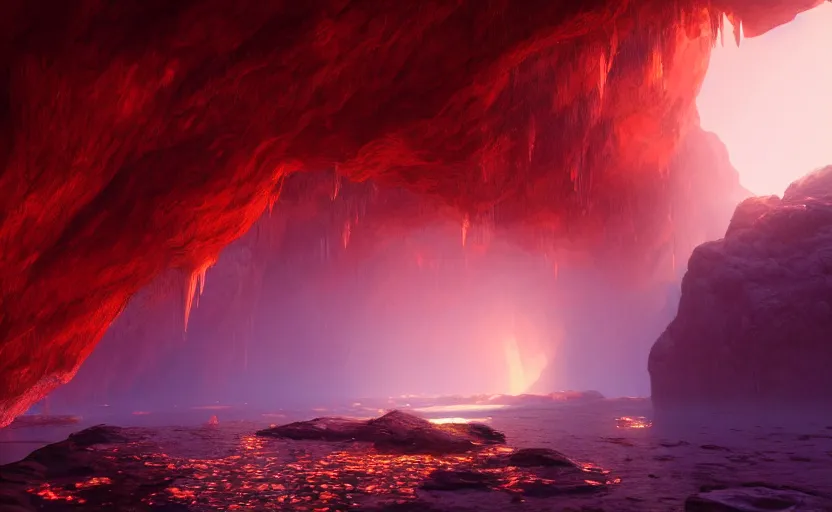 Prompt: a beautiful and stunning digital render of a humongous opal cave, dimly glowing crystals, haze, waterfall, volumetric lighting, photorealistic, red sky, sunset, unreal engine 5, ultra detail, trending on artstation