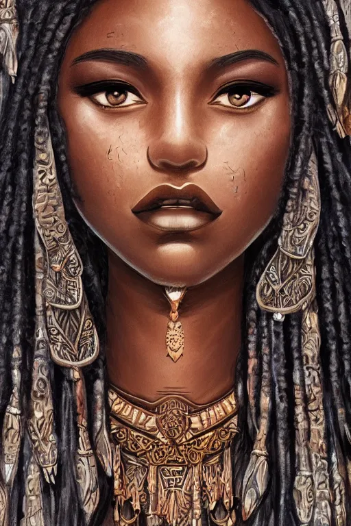 Prompt: A bust of a beautiful black skinned Maori girl with large lips and smooth eyebrows and straight hair, HD, illustration, epic, fantasy, intricate, elegant, amazing detail, digital painting, artstation, concept art, smooth, sharp focus, illustration, art by Turine Tran