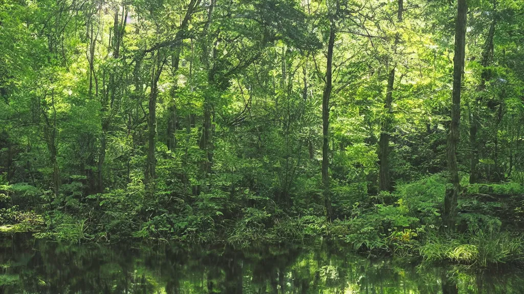 Image similar to a secluded pond there should be an ethereal, otherworldly atmosphere this is a sacred place that has not yet been tainted by the touch of man the dense canopy of the forest opens up a little above the pond and soft sunlight beams down,