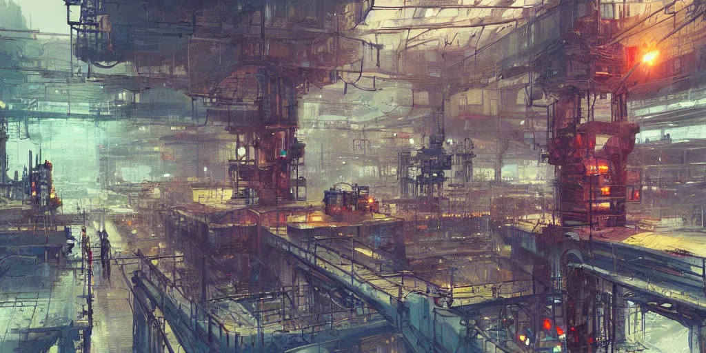 Prompt: concept art of a factory filled with drone and robot workers, grimy, gritty, blade runner 2 0 4 9, trending on artstation, award winning painting, cgi, art by john berkey and anton fadeev and john howe and simon stalenhag