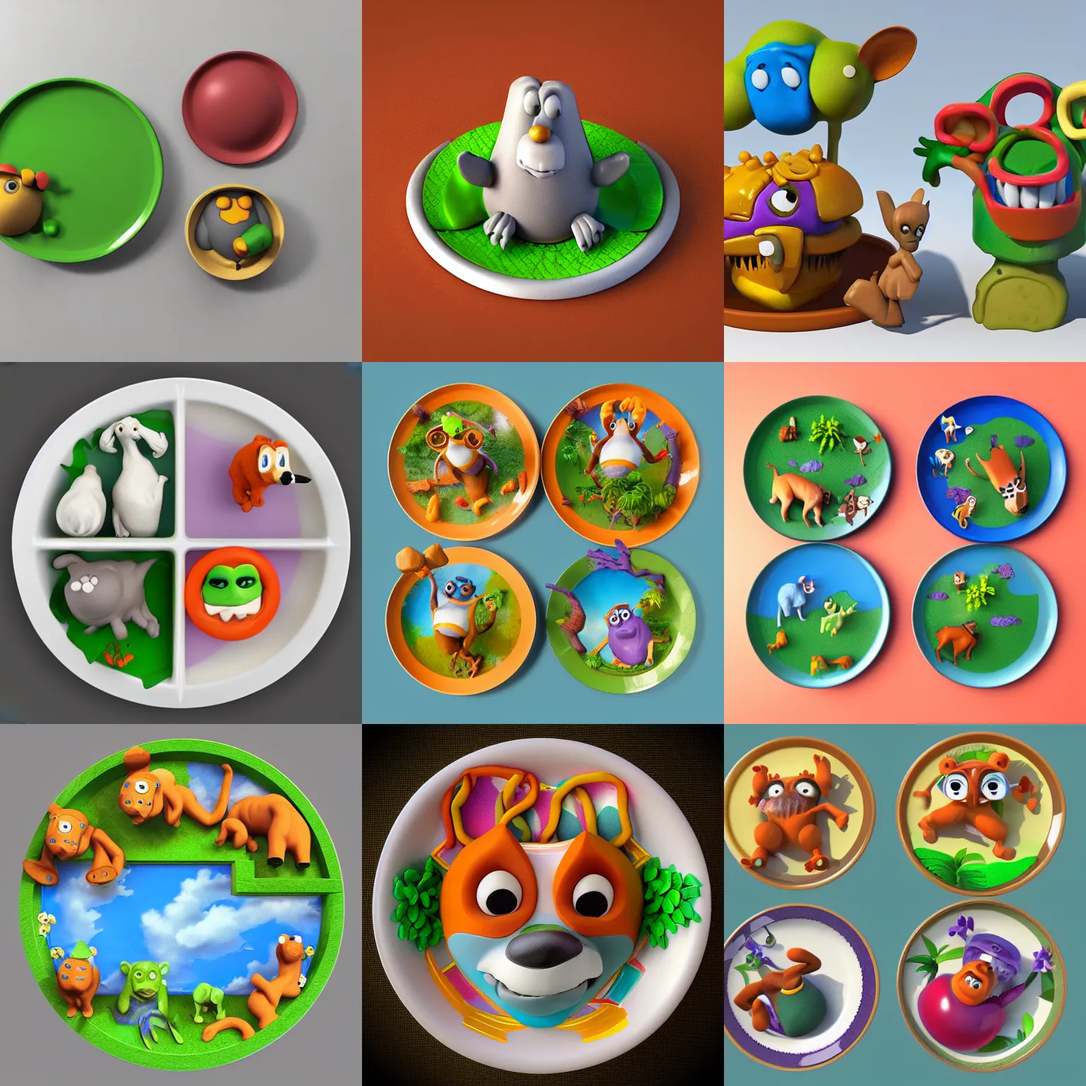 Prompt: “3d render of zoo pals plates, 3d claymation render”