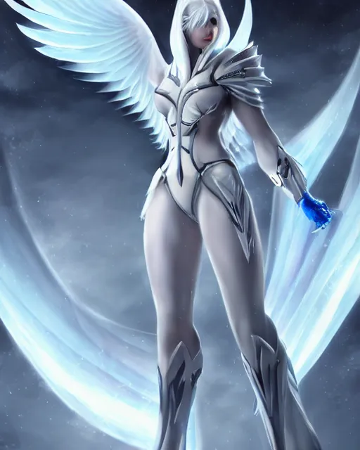 Image similar to perfect white haired attractive egyptian goddess with huge white dove wings, warframe armor, beautiful, symmetric, dreamy, half asian, pretty face, blue eyes, detailed, scifi platform, laboratory, experiment, 4 k, ultra realistic, epic lighting, android body, illuminated, cinematic, masterpiece, art by akihito tsukushi, voidstar