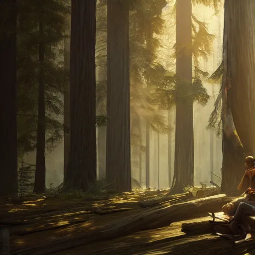 Prompt: starving man in a redwood forest, sunlit, octane render, matte, greg rutkowski, highly detailed, hdr