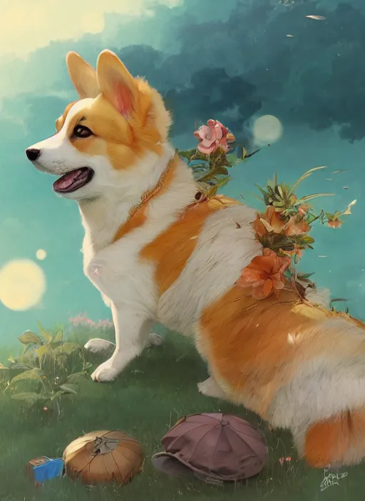 Image similar to beautiful fantasy anime painting of summer chill day with corgi, by Kenne Gregoire, James Jean, Tran Nguyen, WLOP, Jakub Rebelka. trending on Artstation, 8k, masterpiece, chill summer, graffiti paint, fine detail, full of color, intricate detail, golden ratio illustration