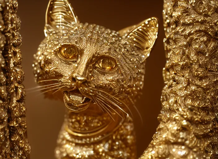 Prompt: sculpture of a diamond cat, on a golden pedestal. Highly detailed 8k. Intricate. Sony a7r iv 55mm. Award winning.