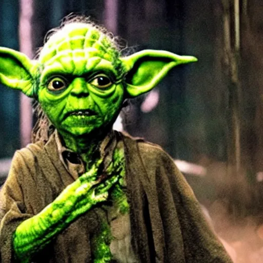 Prompt: zombie yoda as a zombie in the walking dead, photograph, hyperrealistic