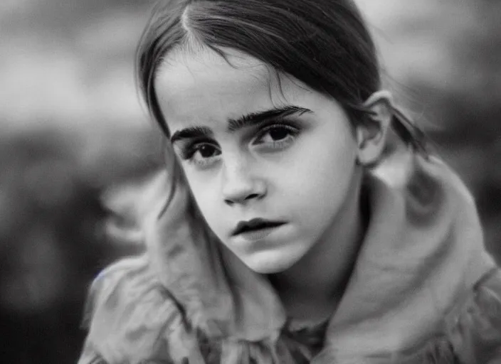 Image similar to professional fine detailed photo portrait of young emma watson from makhachkala, dagestan. kid emma watson in the postsoviet suburbia, iphone photo, instagram, black and white - - cfg _ scale 7