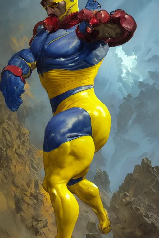 Image similar to marvel superhero, strong man with blue and yellow costume, goggles and leather helmet, yellow boots, yellow gloves, detailed portrait, action in background 8 k, concept art, painted by zdzislaw beksinski and artgerm and greg rutkowski and alphonse mucha, cinematic dramatic atmosphere, sharp focus, volumetric lighting, cinematic lighting, studio quality