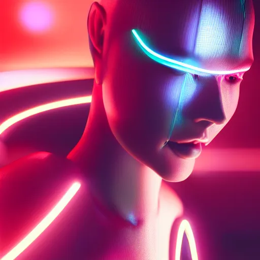 Image similar to japanese model cyborg with digital led skin, neon lighting, techno neon projector background, portrait photo, unreal engine 5, depth of field, bokeh, octane render