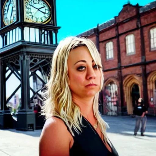 Image similar to A film still of Kaley Cuoco under the Eastgate clock in Chester. Behind her we see a black panther,70mm