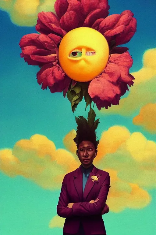 Image similar to portrait, giant flower as head, black woman in suit, surreal photography, golden hour, colorful clouds, impressionist painting, digital painting, artstation, simon stalenhag