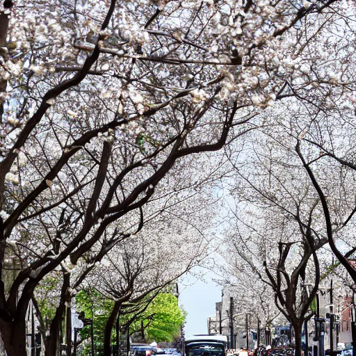 Prompt: This morning, all up and down the streets, what looks like every Callery Pear tree on the Upper West Side has popped overnight into clusters of white pear blossoms.