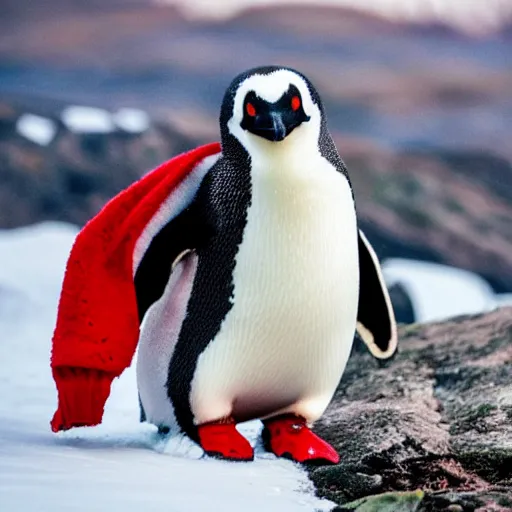 Prompt: wildlife long shot photo of a penguin with green eyes and feet and a red knitted winter hat sliding down an ice mountain, professional photo from national wildlife 2020