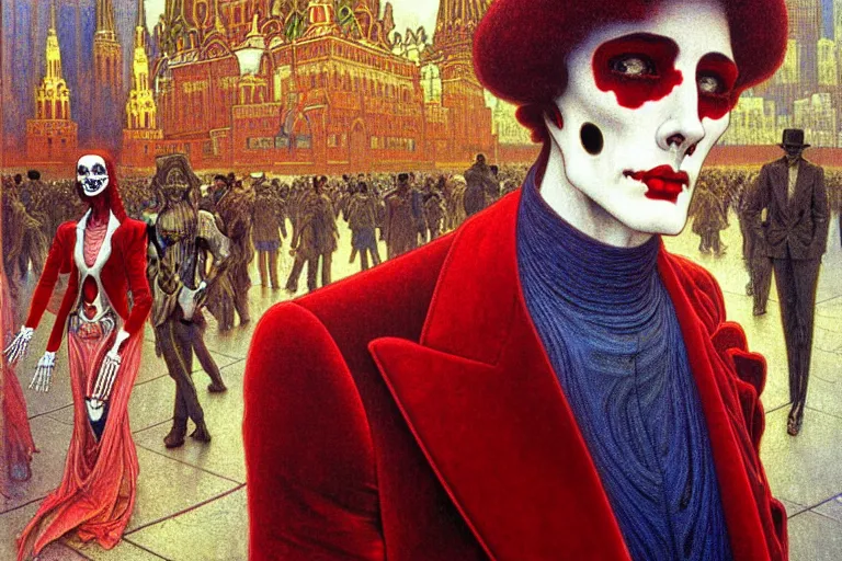 Image similar to realistic detailed closeup portrait painting of a single skeleton wearing red velvet blazer in a crowded futuristic moscow street by Jean Delville, Amano, Yves Tanguy, Alphonse Mucha, Ernst Haeckel, Edward Robert Hughes, Roger Dean, rich moody colours, blue eyes