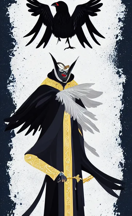 Image similar to raven headed male warlock doing wind magic, white and gold robes, exquisite details, full body character design on a white background, by studio muti