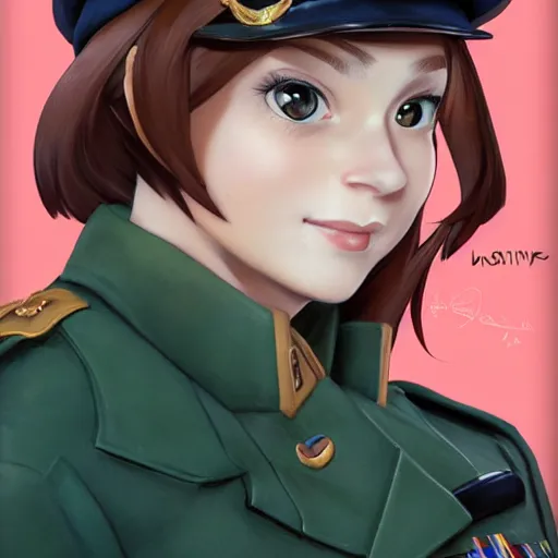 Image similar to portrait bust of young woman with long light brown hair and hazel eyes dressed in a sharp dark teal military uniform with beret, smiling, ilya kuvshinov, anime, loish, ross tran