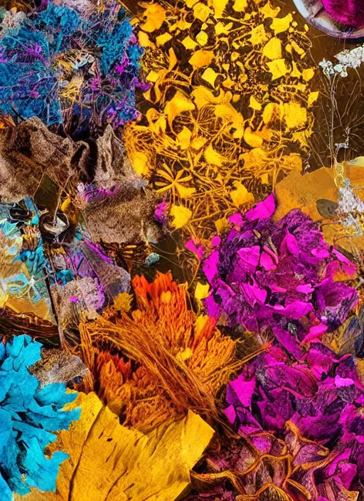 Prompt: colorful dried flowers, collage art, mixed media, enchanting, dramatic lighting, vibrant, 8K, highly detailed