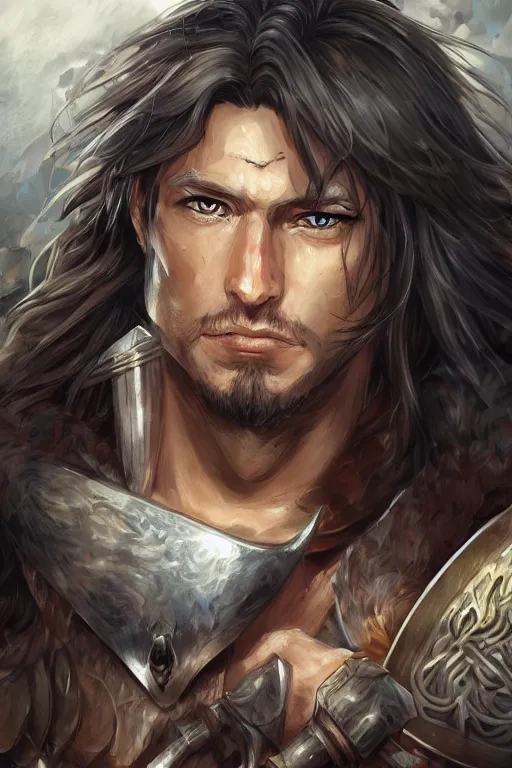 Image similar to A realistic anime portrait of a young handsome male barbarian with long wild hair, intricate fantasy spear, plated armor, D&D, dungeons and dragons, tabletop role playing game, rpg, jrpg, digital painting, by Ayami Kojima, digtial painting, trending on ArtStation, SFW version