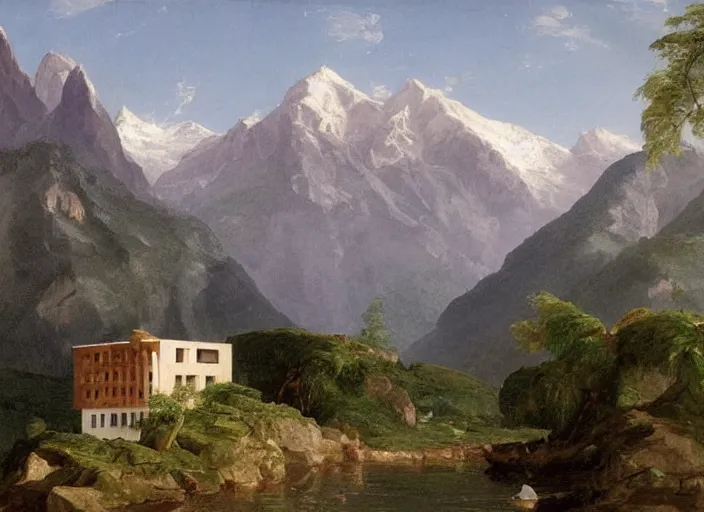 Image similar to painting of a corbusier house in in front of beautiful mountains by thomas cole