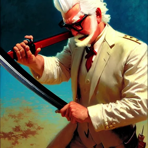 Image similar to colonel sanders with katana fighting donald mcdonald with gun, highly detailed painting by gaston bussiere, craig mullins, j. c. leyendecker, 8 k