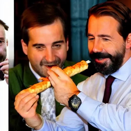 Image similar to pablo iglesiasn on the left, and santiago abascal on the right sharing a kebab in the houses of parliament