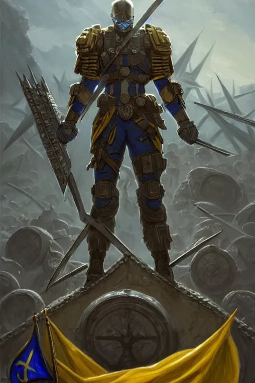 Image similar to a distant shot of a super soldier with blue and yellow flag and a trident symbol standing alone on a huge pile of skulls as a winner, masculine figure, D&D, fantasy, intricate, elegant, highly detailed, extremely detailed, digital painting, artstation, concept art, matte, smooth, sharp focus, illustration, art by Artgerm and Greg Rutkowski and Alphonse Mucha