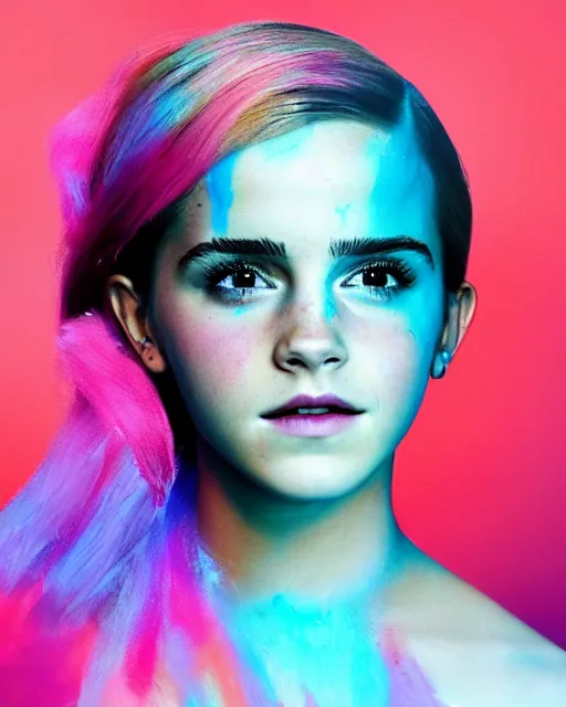 Image similar to a dramatic lighting photo of a beautiful young woman emma watson with cotton candy hair. paint splashes. with a little bit of cyan and pink