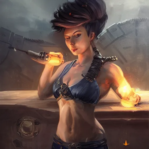 Image similar to beautiful muscular female gnome mechanic, casting lightning magic, short black pixie undercut hair, standing on ship deck, naval background, intricate, D&D, highly detailed, full body portrait, wide angle, digital painting, artstation, smooth, sharp focus, great composition, illustration, art by Greg Rutkowski, trending on artstation