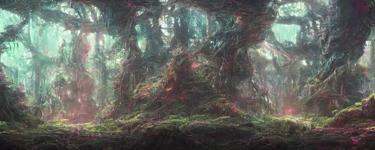 Image similar to detailed concept art illustration colorful pastel painting of a sci-fi fantasy forest in full intricate detail, ultra detailed, digital art, octane render, 4K, dystopian, micro details