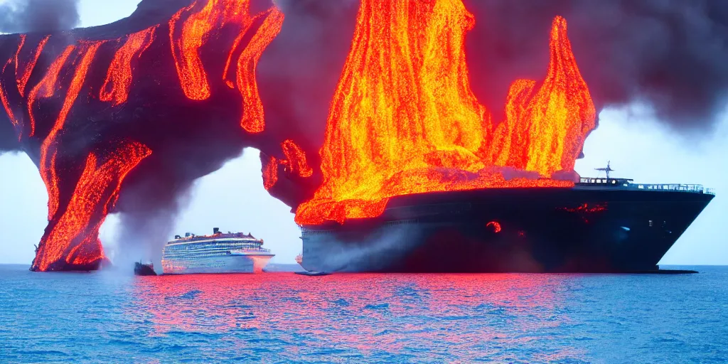 Image similar to a cruise ship on an ocean of lava sailing through the fires of hell.