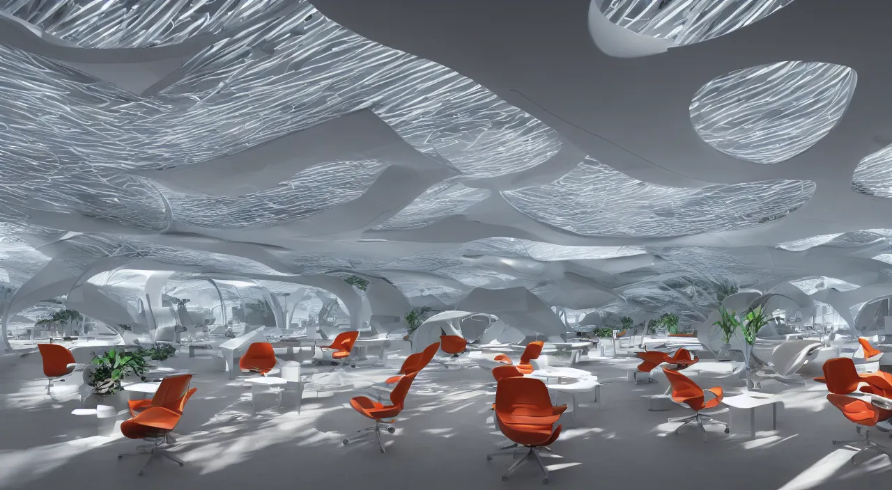 Image similar to futuristic open office with parks and plants, glowing computer screens, made with glossy white plastic and large windows and voluminous light and light rays, extremely intricate, very detailed, in style of zaha hadid, artstation, octane render, with reds and oranges, cinematic lighting