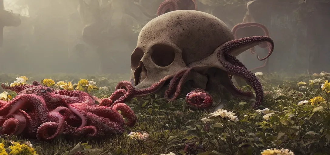 Prompt: an | octopus in the shape of a skull | surrounded by [ flowers ] at dawn, sun rays, foggy, cinematic shot, photo still from movie by denis villeneuve, wayne barlowe