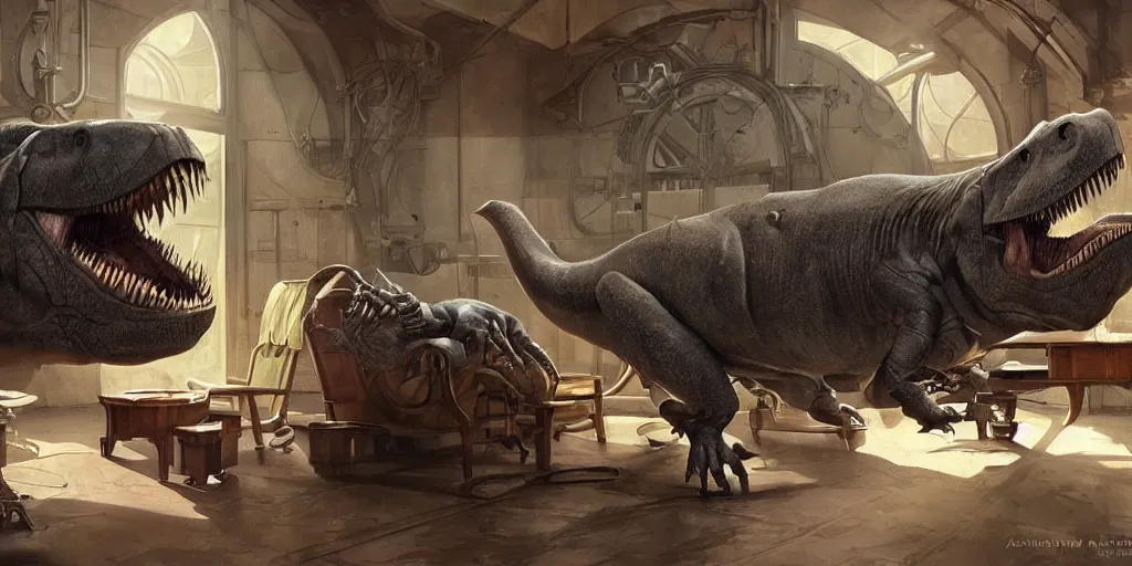 Image similar to huge t - rex lounging in a chair in front of an oven, highly detailed, digital painting, concept art, matte, sharp focus, illustration by artgerm, art by greg rutkowski, art by alphonse mucha