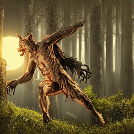 Image similar to man ripping off his skin turning into a werewolf, forest scenery, full moon, illuminated lighting, highly detailed, 4 k