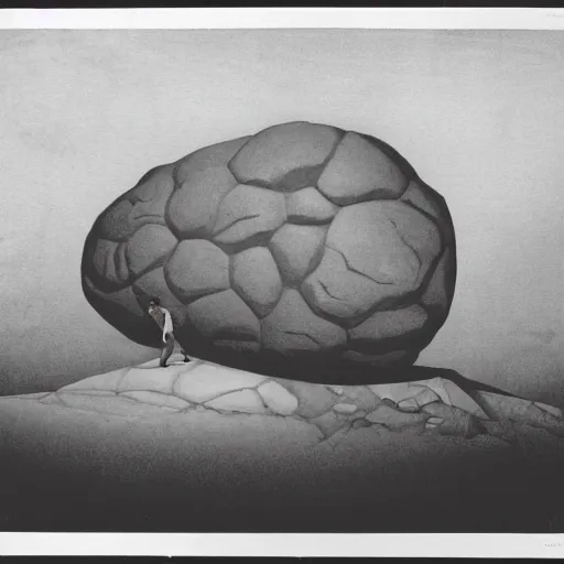 Image similar to sisyphus and the eternal boulder statue but with covid molecule instead of a boulder