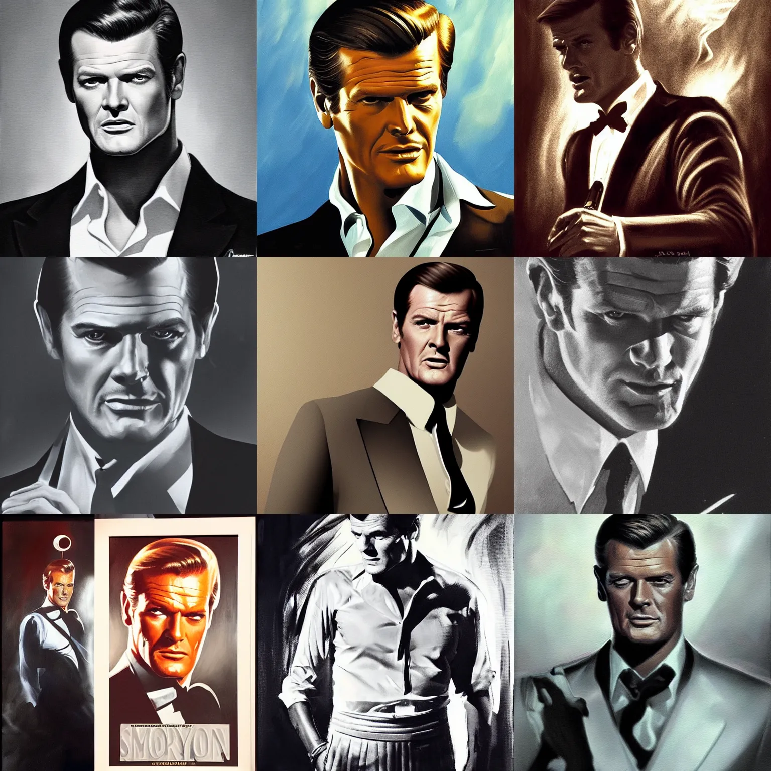 Prompt: young roger moore as james bond, 1 9 7 3, smoke filled room, film noir lighting, painting by ross tran