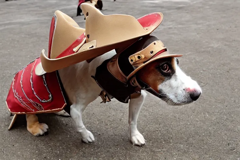 Image similar to a dog wearing cowboy clothes