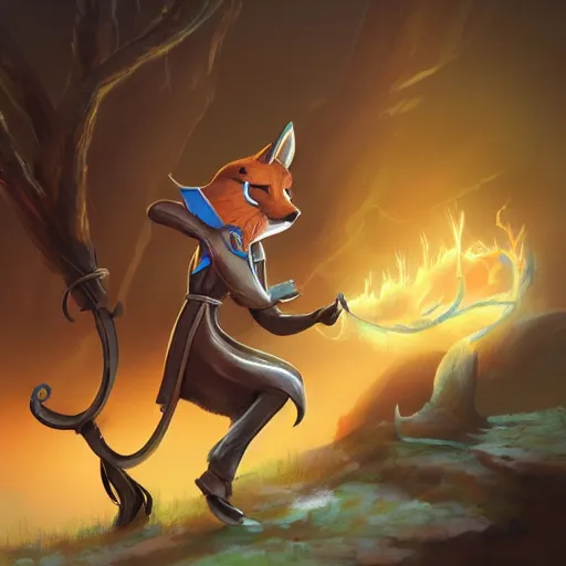 Prompt: the fox magician cast a thunder spell with his staff, lightning, artstation