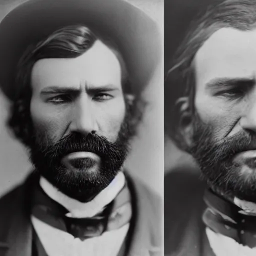 Prompt: real-life face portrait stubble beard cowboy Arthur Morgan furrowed brown from red dead redemption 2 dramatic lighting late 1800s Daguerreian photo by Mathew Brady