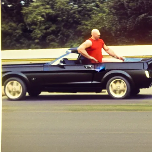 Image similar to coloured photograph of a muscled young white bald guy with broad shoulders, black shirt and a large chest driving a racing red mustang down a british road, high detail